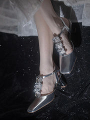Flower Sandals Sliver Shiny Leather Square Toe Ankle Straps High Heels T Strap Casual Rose