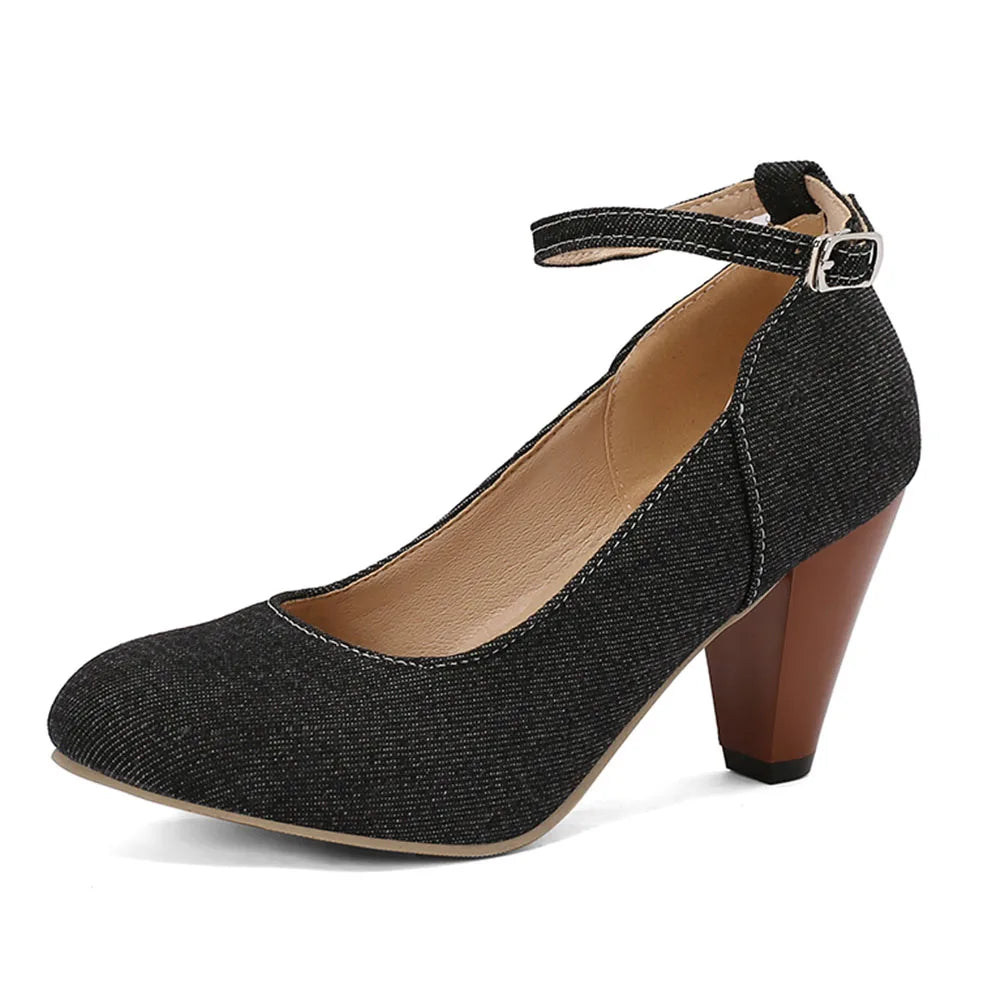 Plus Size 48 Brand Round Toe Chunky Heel Pumps Elegant Bow Buckle Solid Party Shoes