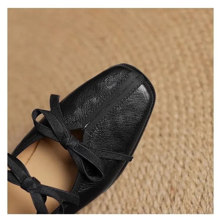 Mary Jane Shoes Ballet Bow Square Toe Mid Heels Nude Shoes Casual Elegant Shallow Pumps