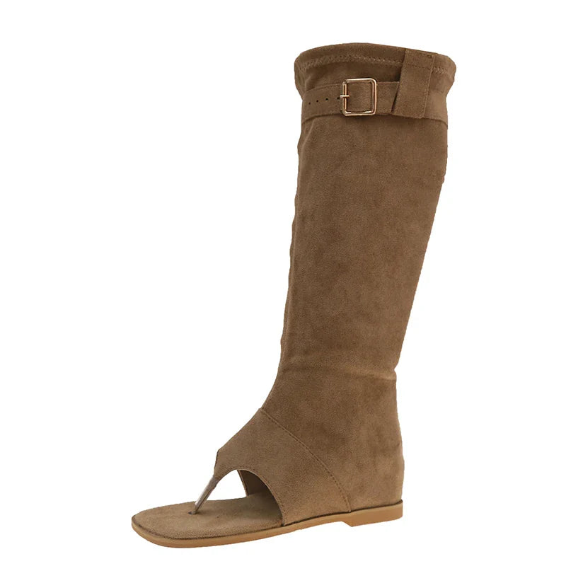 Internal Elevation Knee High Boots Retro Style Clip Toe Shoes Causal Slip On Sandalias Booties