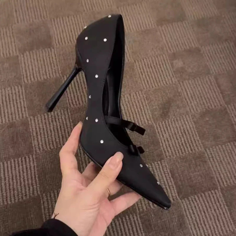 Thin Heel Shallow Mouth Single Shoes Banquet Bow Pointed Water Diamond Silk High Heels