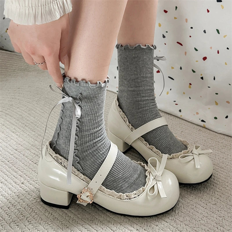 JK Mary Jane Shoes Causal Shallow Butterfly-knot Shoes Leather Shoes