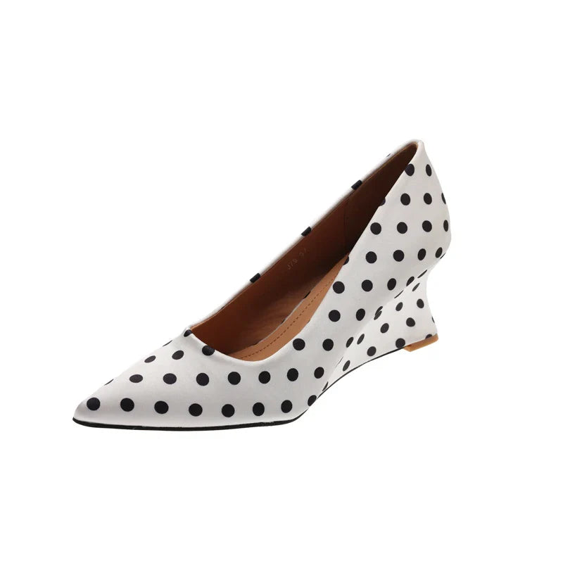 Wedges Heel Mary Jane Shoes Concise Shallow Slip On Shoes Elegant Pointed Toe Dress Polka Dot Pumps