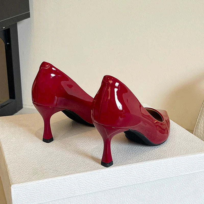 Red Shiny Leather Pumps 6CM Kitten High Heels Shoes Pointed Toe Escaprins Mujer OL Office Tacones Bride Wedding Shoes