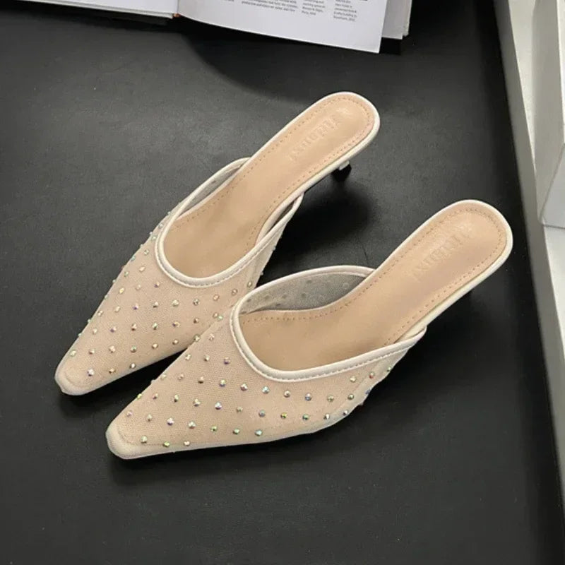 Mesh Rhinestone High Heels Breathable Pointy Toe Shallow Mouth Slippers