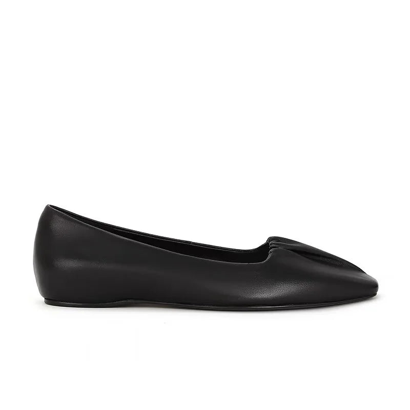 Black Ballet Flats Shoes Square Toe Crumpleâ€?Leather Elegant Shoes Shallow Slip on Loafers
