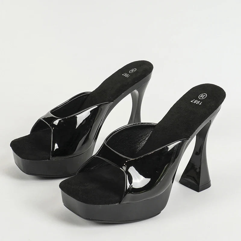 Patent Leather Slipper Square Toe Platform Shoes Elegant Wedding Party Sandals