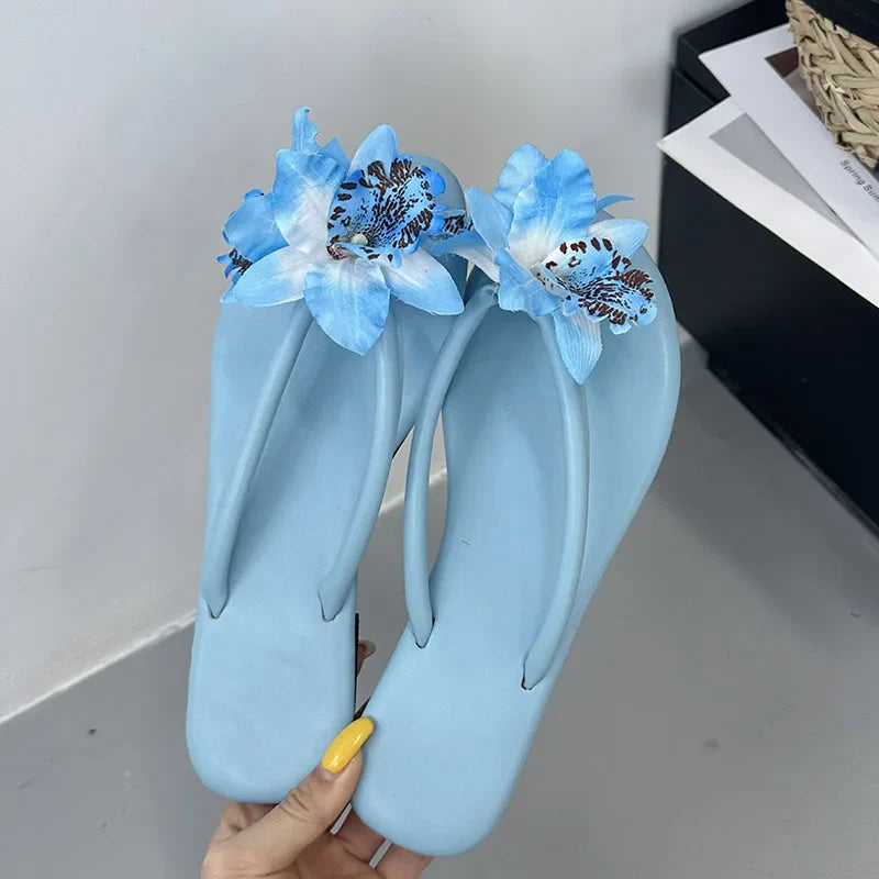 Pink Flower Flats Slippers Beach Round Toe Flip flops Flats Slippers Slides Sandals Shoes