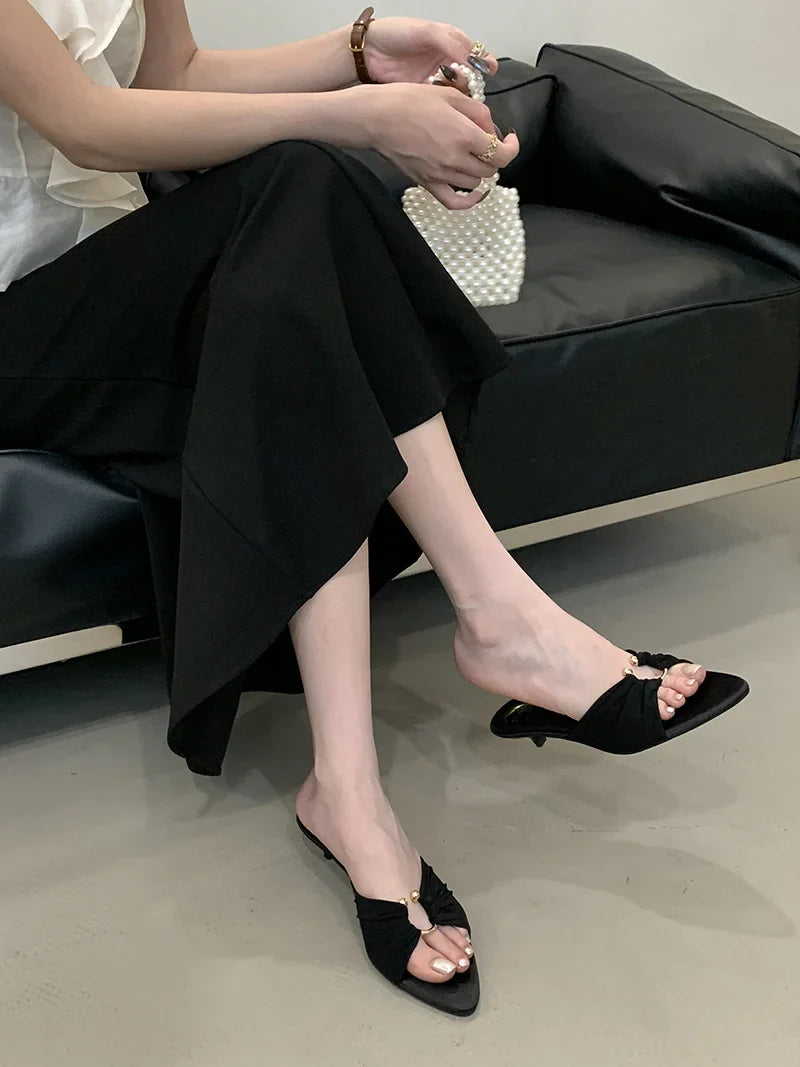 Pleated Silk Hollow Out Metal Buckle Slippers Sandal Pointed Toe Low Thin Heels Beach Party