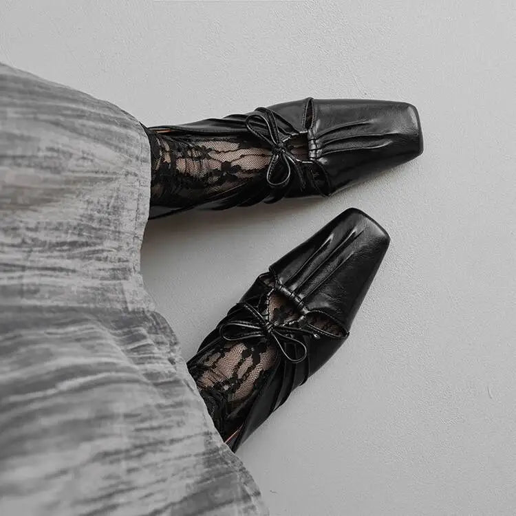 Pleated Hollow Mary Jane Style Shoes with Bow Design Flat Shoes Square Toe Casual Comfortable Outdoors Shoes Fashion