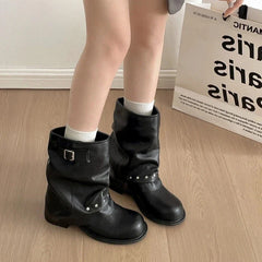 Pleated Western Ankle Boots Rivet Belt Buckle Shoes Concise Vintage Thick Heel Short Booties
