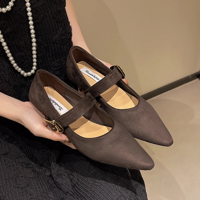 Low Heeled 2cm One Word Buckle Strap Design Solid Color Shallow Mouth Pointed Toe Comfy Low Heeled Shoes
