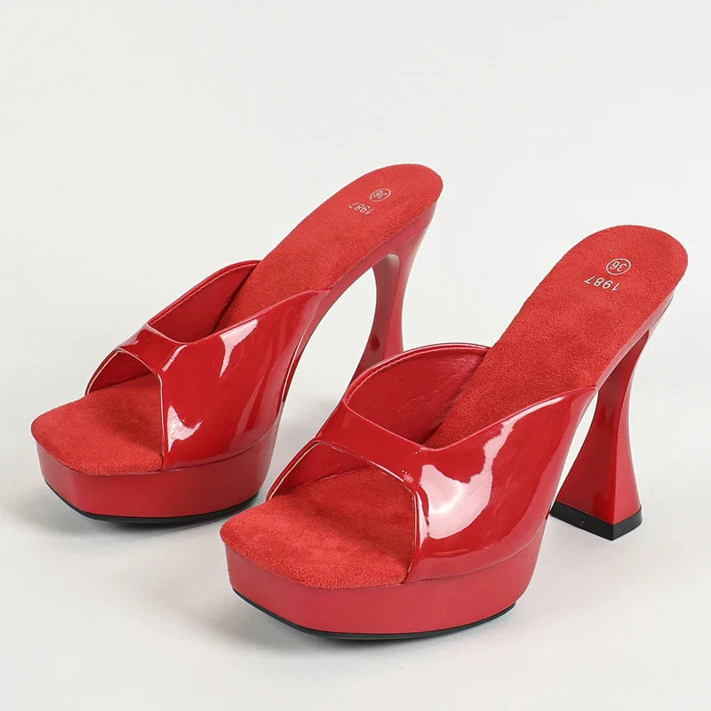 Patent Leather Slipper Square Toe Platform Shoes Elegant Wedding Party Sandals