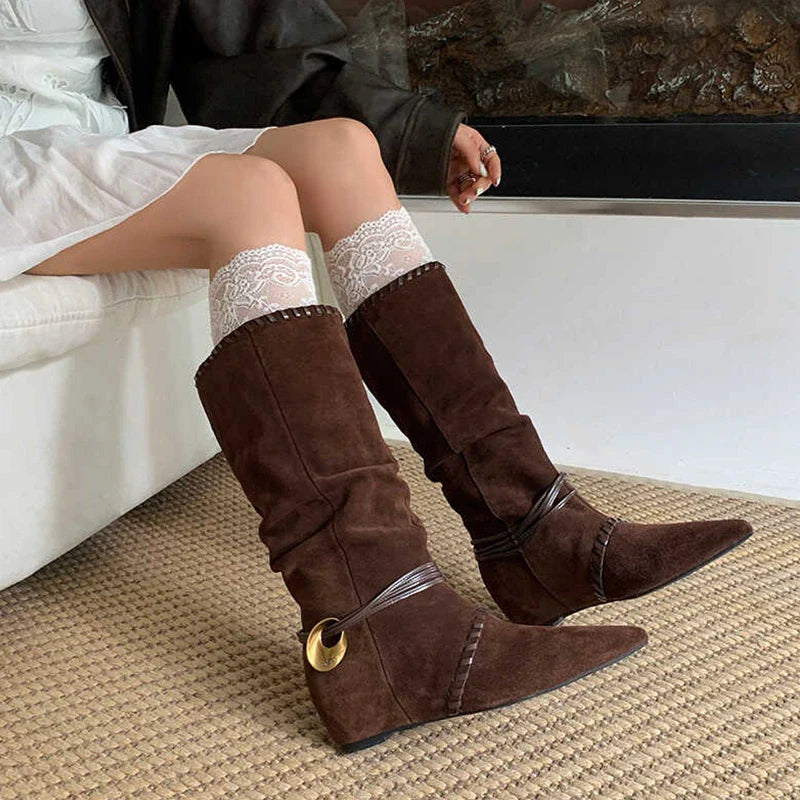 Mid Calf Boots Pointed Toe Flats Shoes Chelsea Boots Casual Walking Suede Zapatos Goth Mujer Botas