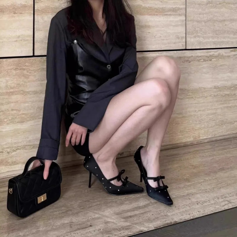 Thin Heel Shallow Mouth Single Shoes Banquet Bow Pointed Water Diamond Silk High Heels