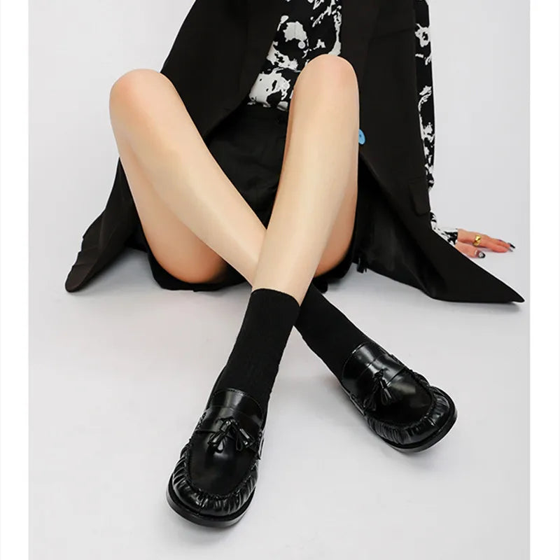 Patent Leather Tassel Design Loafers Square Heel Flat Shoes Comfortable College Style Shoes Zapatos De Mujer