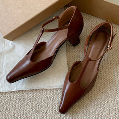 cow leather kitten heel pointed toe t-strap pumps retro gradient color elegant evening dress sandals shoes woman