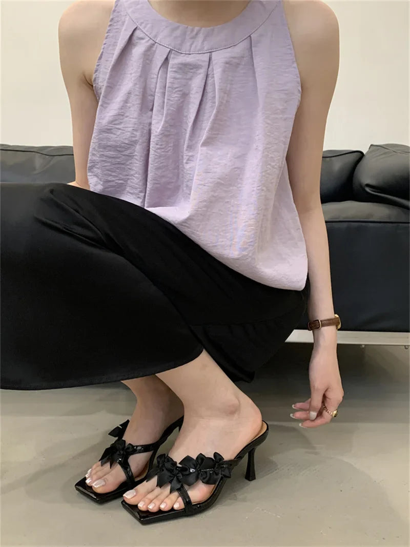 Yellow Silk Flowers Narrow Band Square Toe Mules Low Thin Heels Slippers Gladiator Sandals Shoes