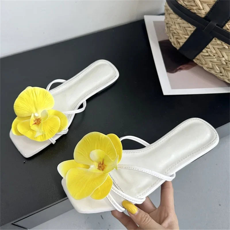 Flower Narrown Band Low Heels Slippers Square Toe Casual Beach Shoes Size 35-43