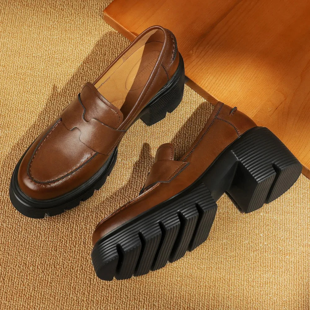 genuine leather chunky heel platform moccasins round toe high quality soft comfortbale loafers shoes hot