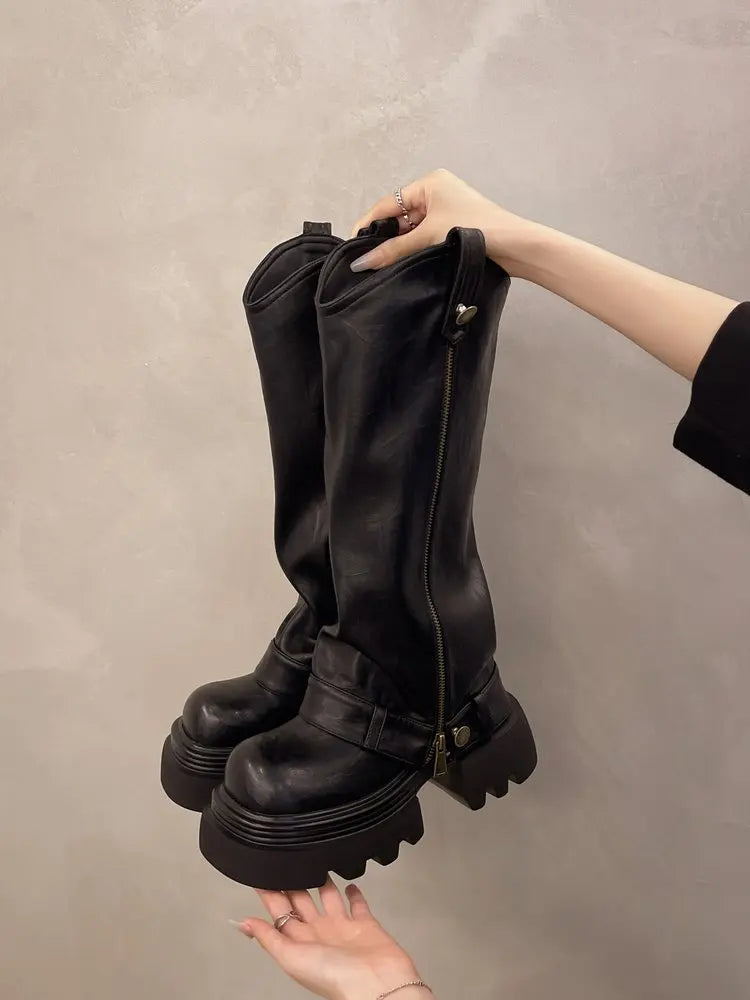 Knee High Boots Western Round Toe Long Boots Western Shoes Chunky Heel Platform