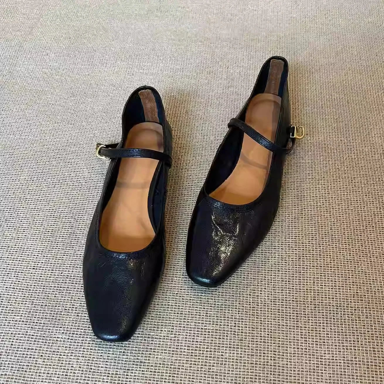 Mary Jane Shoes Retro Square Toe Flat Heel Strap Genuine Leather Soft Shallow Single Shoes