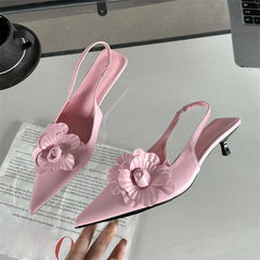 Flower Pointed Toe Thin Low Heels Elegant Wedding Slingback Shoes Mules Zapatos De Mujer