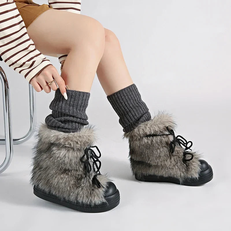 Furry Lace Up Snow Boots Concise Height Increase Shoes Thick Sole Warm Cotton Short Booties Zapatos De Muje