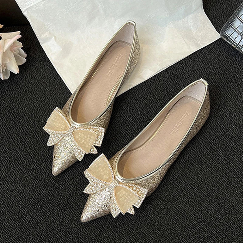 Gold/Silver Bowknot Flats Sparkle Crystal Shoes Elegant Lace Bow Pointed Toe Ballets Moccasins
