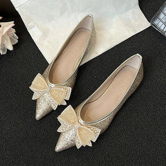 Gold/Silver Bowknot Flats Sparkle Crystal Shoes Elegant Lace Bow Pointed Toe Ballets Moccasins