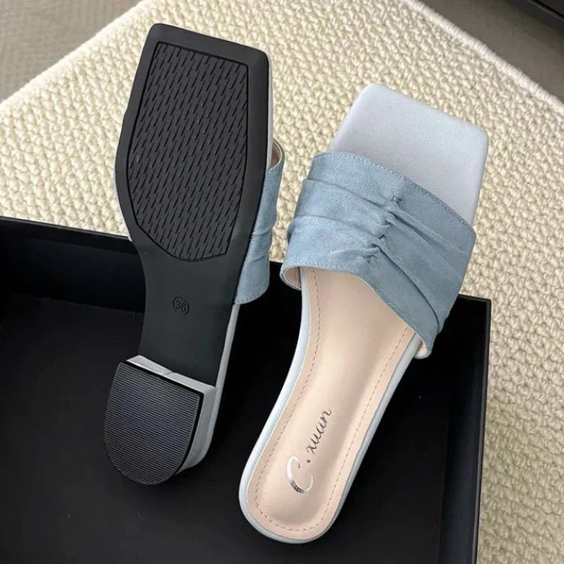 Square Toe Slippers Low Heel Casual Slides Comfort Non-slip Sandals Flats Beach Shoes