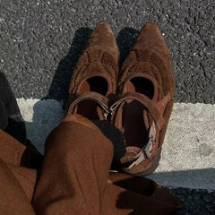 Casual Mary Jane Shoes Ins Style Pointed Toe Shallow Hook Loop Belt Buckle Street Sandals Brown/apricot Pumps