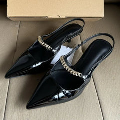 Elegant Black Patent Leather Heels Metal Chain Slingback Shoes Comfort Pointed Toe Kitten Heel Office Shoe