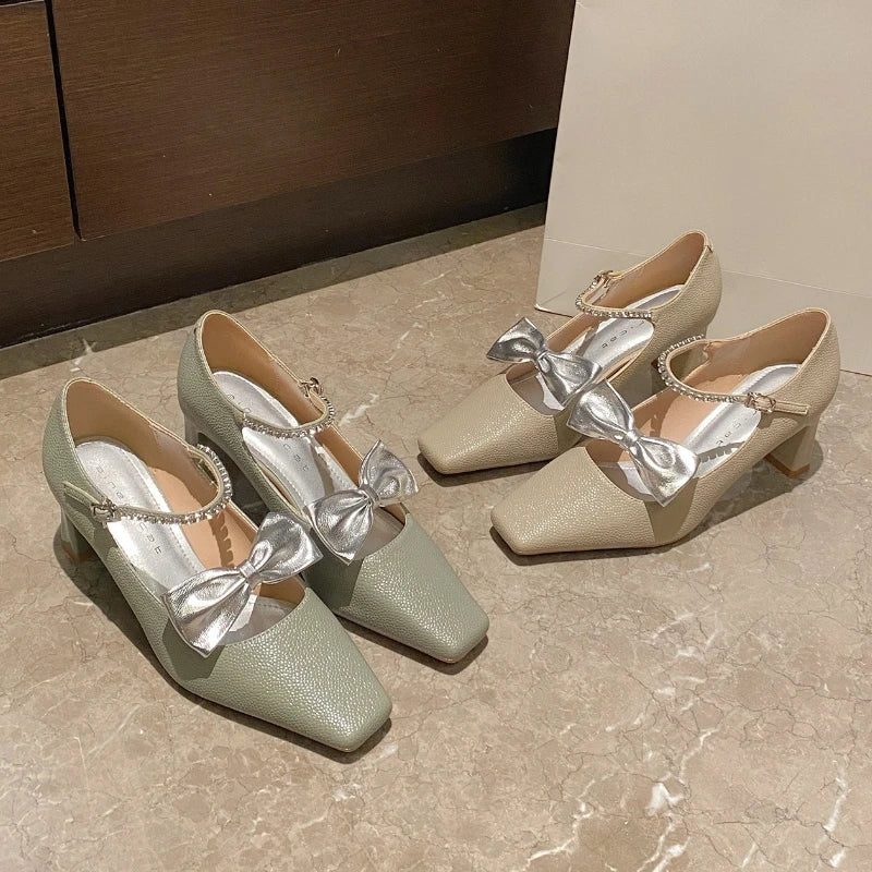 Elegant Bow Decoration Chunky Heel Pumps Rhinestone Ankle Strap Square Toe High Heels Wedding Bride Shoes
