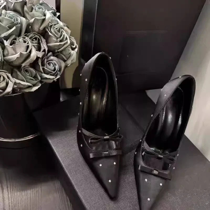 Thin Heel Shallow Mouth Single Shoes Banquet Bow Pointed Water Diamond Silk High Heels