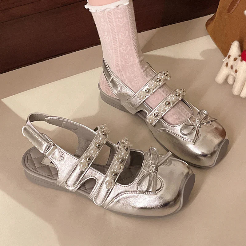 Pearl Bow Mary Jane Leather Shoes Flats Sandals Square Toe Slippers Lolita Mujer Zapatillas