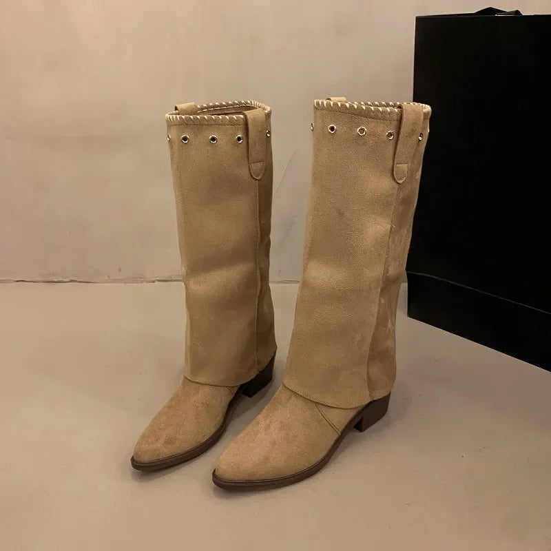 Vintage Thick Heel Western Cowboy Boots Button Combination Splicing Shoes Pipe Long Booties