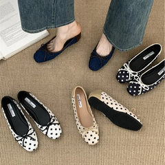 Polka Dot Butterfly-Knot Ballet Flats Round Toe Shallow Comfort Casual Satin Elegant Footwear