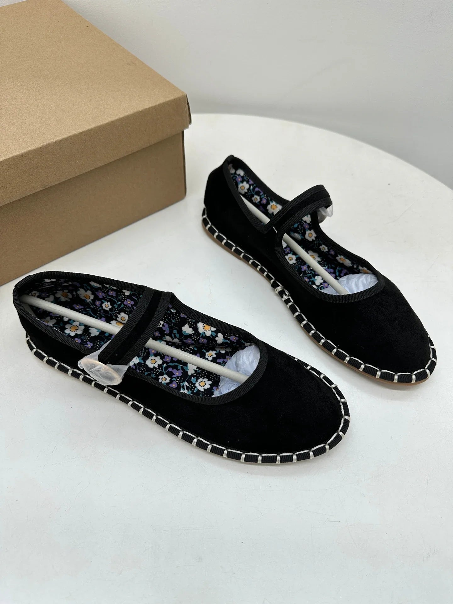 Floral Print Insole Velvet Flats Shoes Hand Stitching Elegant Mary Jeans Shoes Round Toe Ballets Flats Footwear