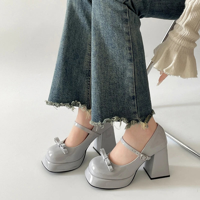 Platform Thick Heel Mary Jane Shoes Square Toe Shoes Elegant Height Increase
