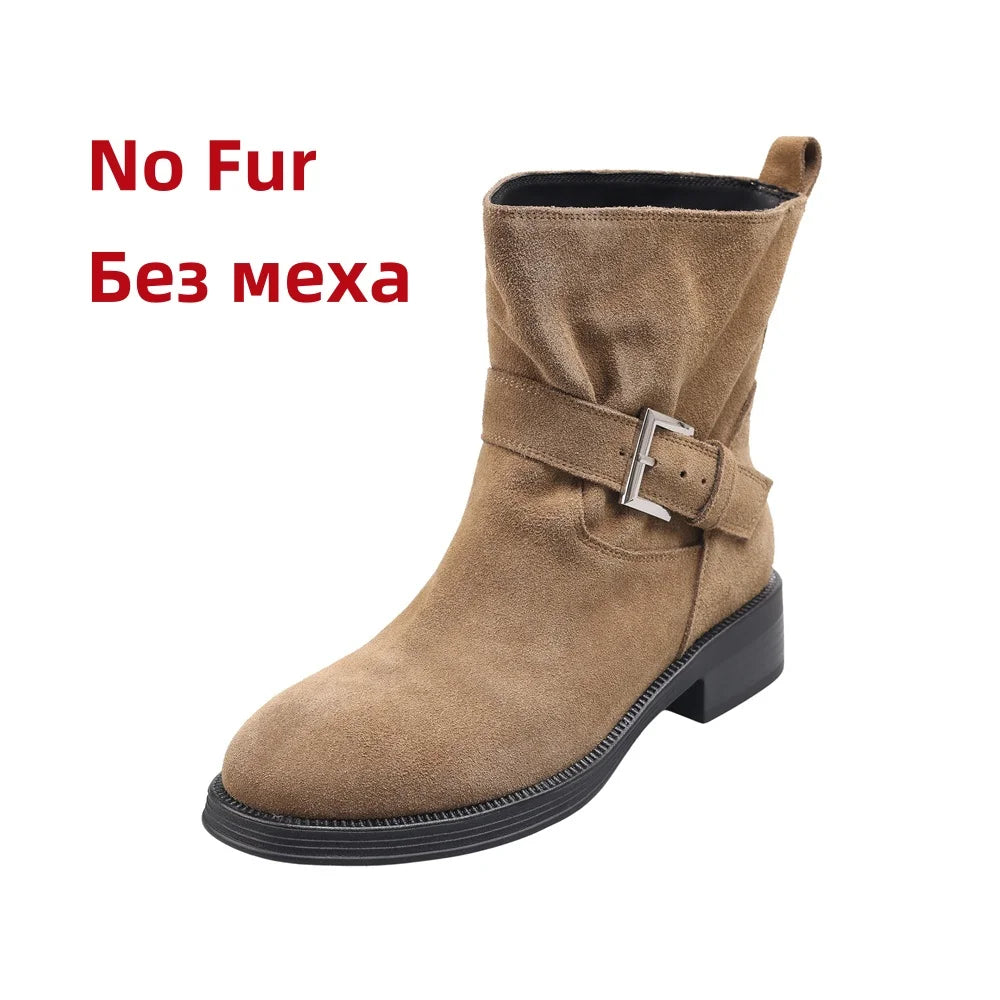 Ankle Boots Cow Suede Round Toe Motorcycle Boots Thick Low Heels Warm Shoes Buckles Boots