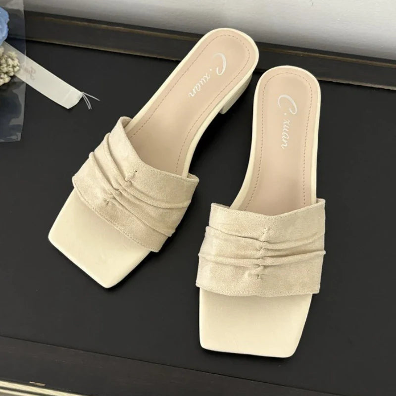Square Toe Slippers Low Heel Casual Slides Comfort Non-slip Sandals Flats Beach Shoes