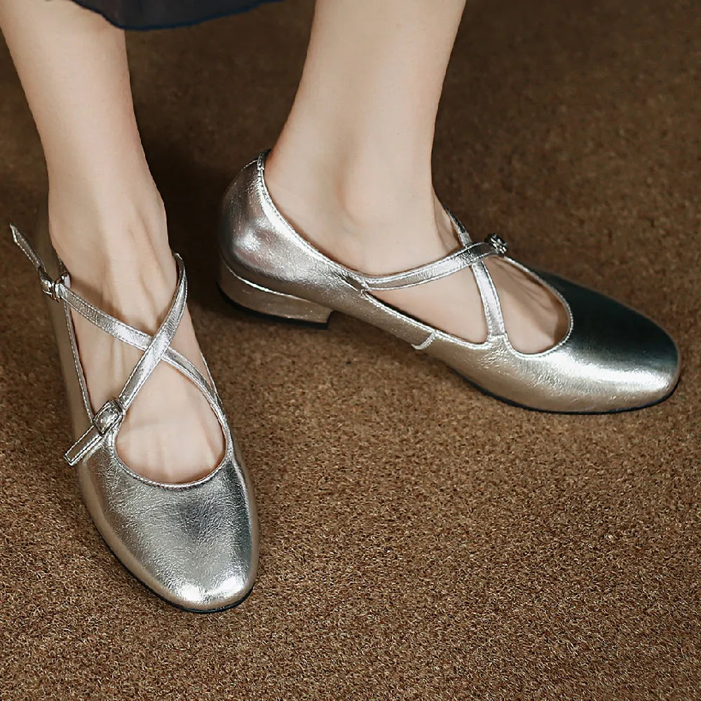 genuine leather double metal belt cross strap slip-on flats daily single shoes soft comfortable casual daily shoe