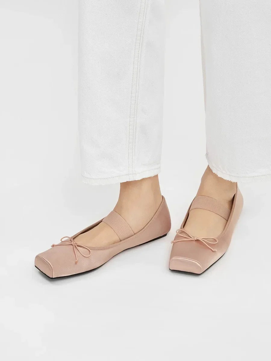 sweet pink silk flat shoes woman square toe bowtie ballet flats silver leather mary janes shoes elastic band moccasions