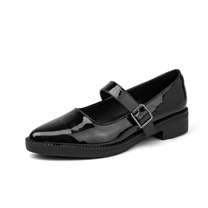Patent Leather Buckle Strap Oxfords Woman Pointed Toe Shoes Low Heel Flats Mary Janes Lolita Derby Loafers Femme Sneakers
