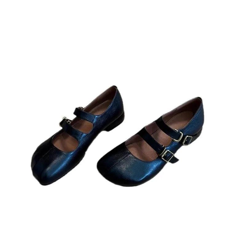 Double Buckle Strap Tabis Shoes Solid Leather Mary Janes Low Heeled Flats Woman Trotters Loafers Barefoot Walking Shoes