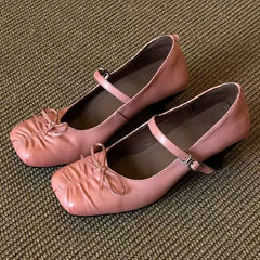 Pleated Square Toe Chunky Heel Mary Jane Shoes Bowknot Design Elegant Heels
