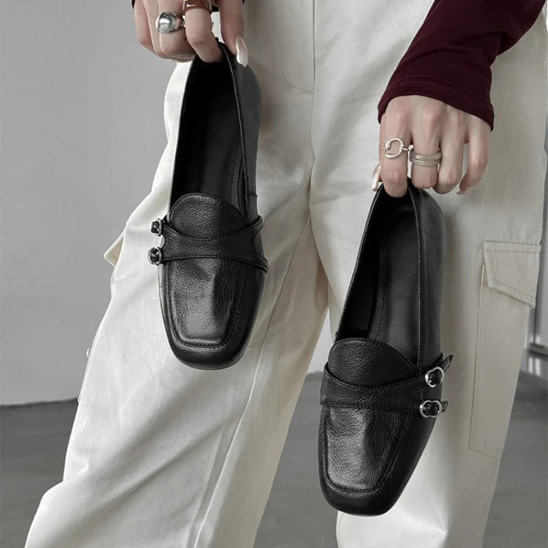 Elegant Burgundy Square Toe Loafers Metal Buckle Stitching Shoes Comfortable Commuting Flat Office Shoes