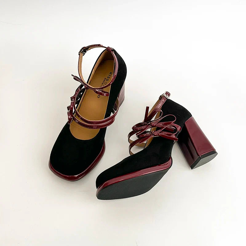 Thick Heel Mary Jane Shoes Butterfly-knot Buckle Strap Shoes Elegant Party Dress Pumps
