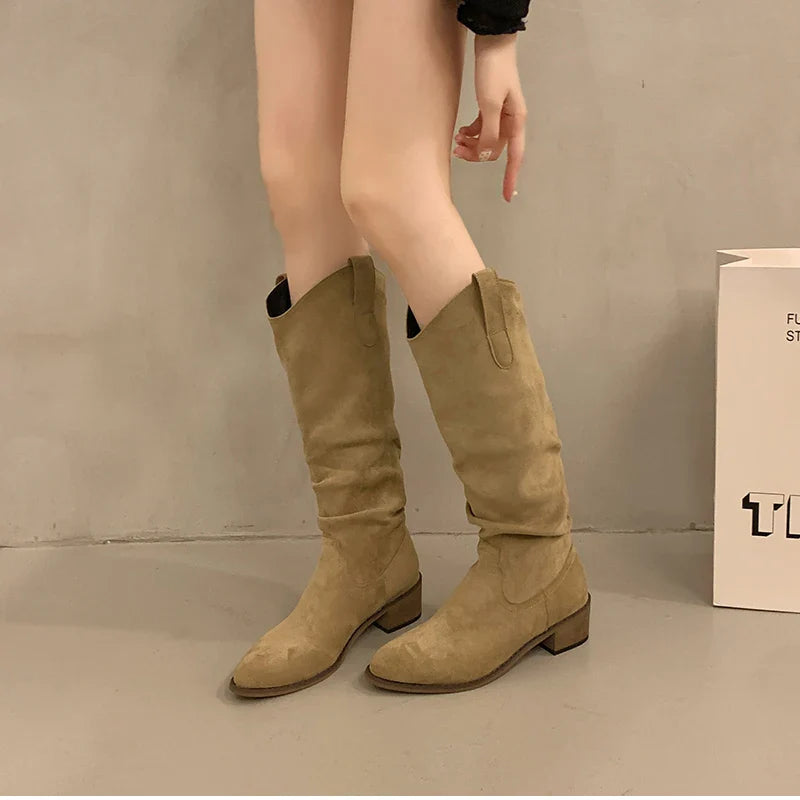 Vintage Woman Knight Knee High Boots Shoes Concise Slip On Western Cowboy Botas